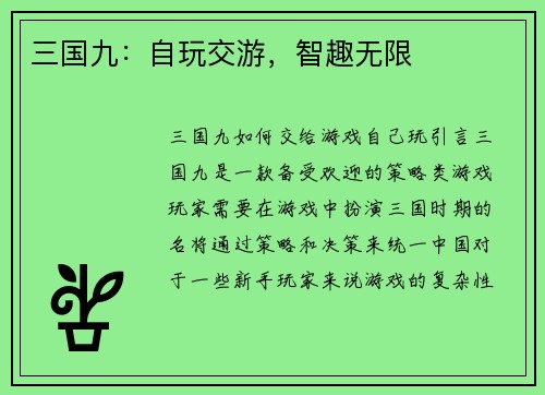 三国九：自玩交游，智趣无限